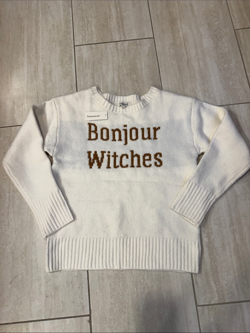 Francesca's Collections White Knit 'Bonjour Witches' Crew Sweater